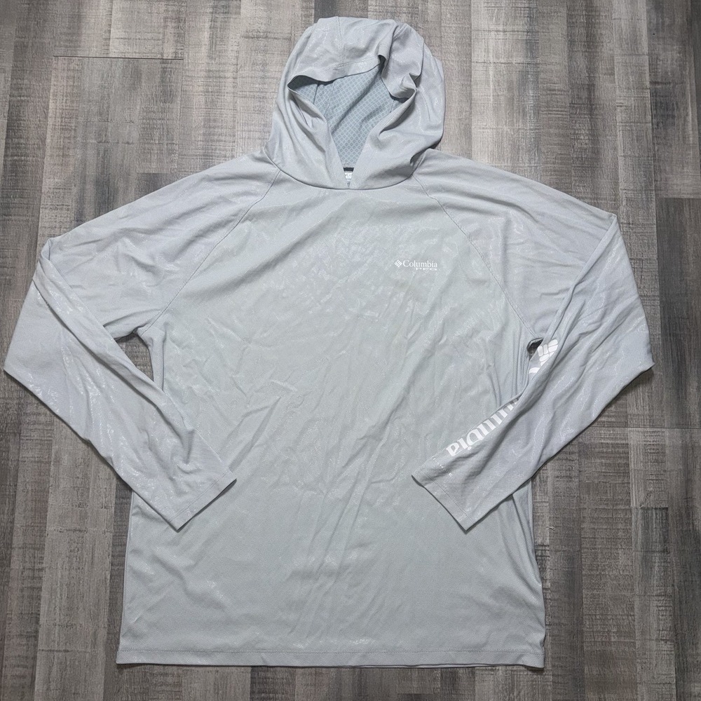 Columbia PFG Hoodie Mens L Gray Pullover Omni-Shade Lightweight Logo Breathable